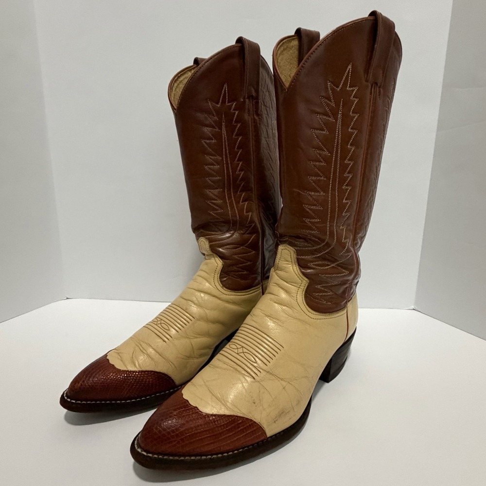 Vintage 80s Tony Lama 6216 Mens Lizard Wingtip Western Cowboy Boots 8.5 D